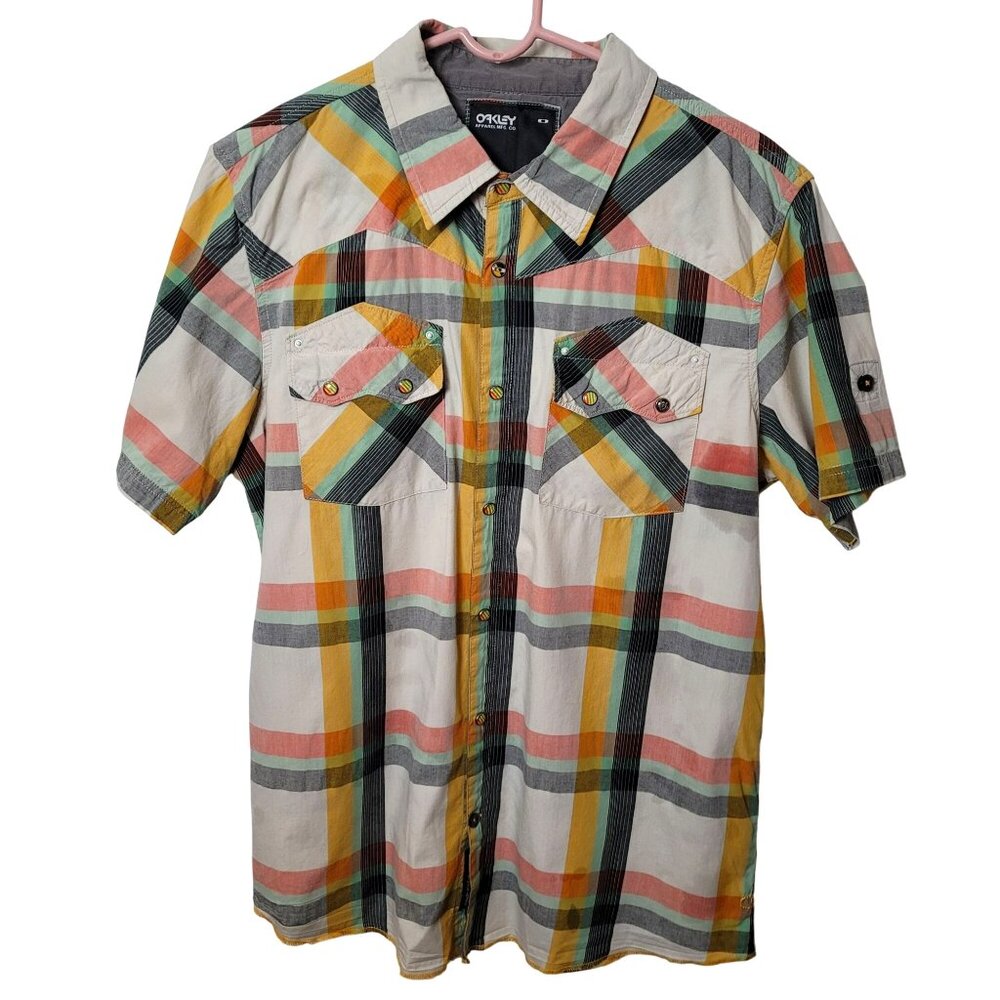 Oakley Mens Multicolor Plaid Short Sleeve Button-Up Shirt With Front Pockets